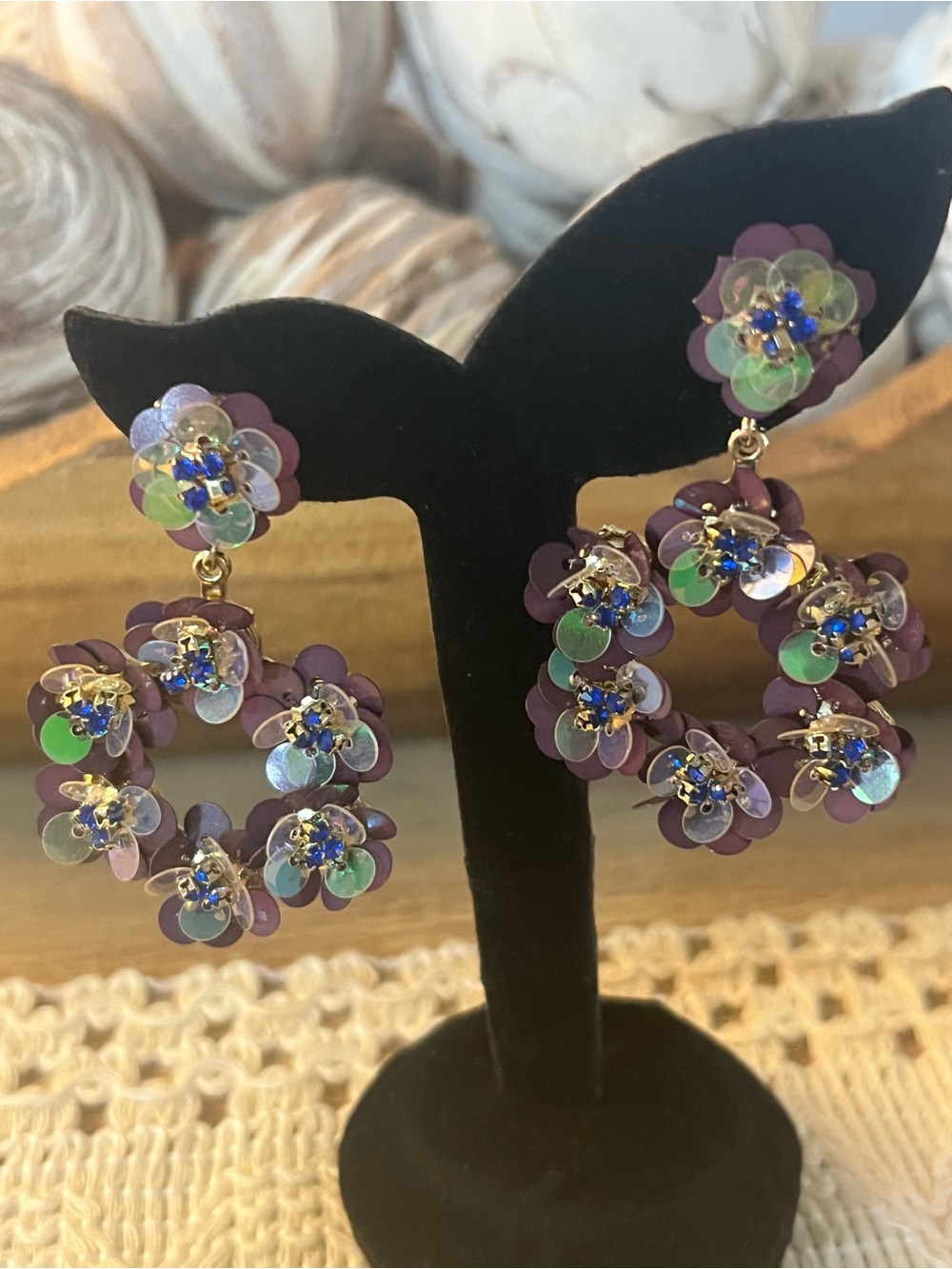 Iridescent Purple Sequin Floral Hoop Earrings